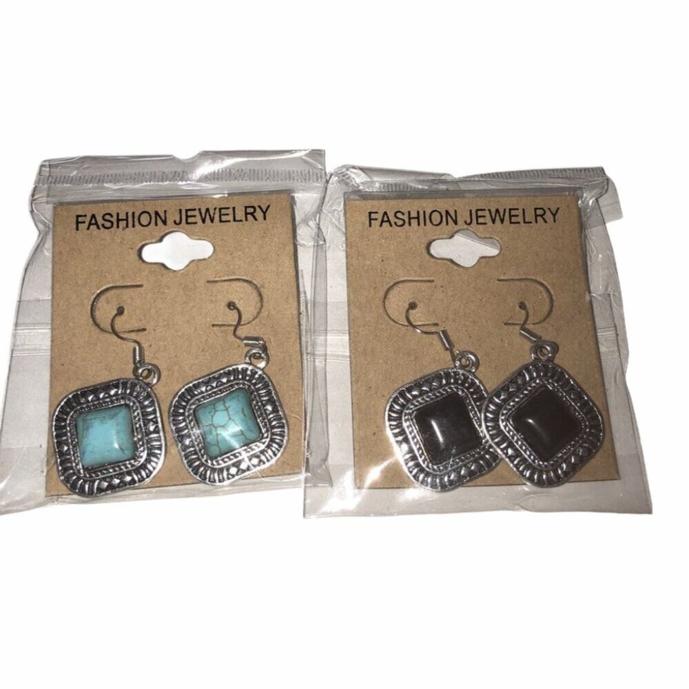 Fashion‎ Jewelry Lot Of 2 Earrings Turquoise & Black Dangle Design Sliver Tone